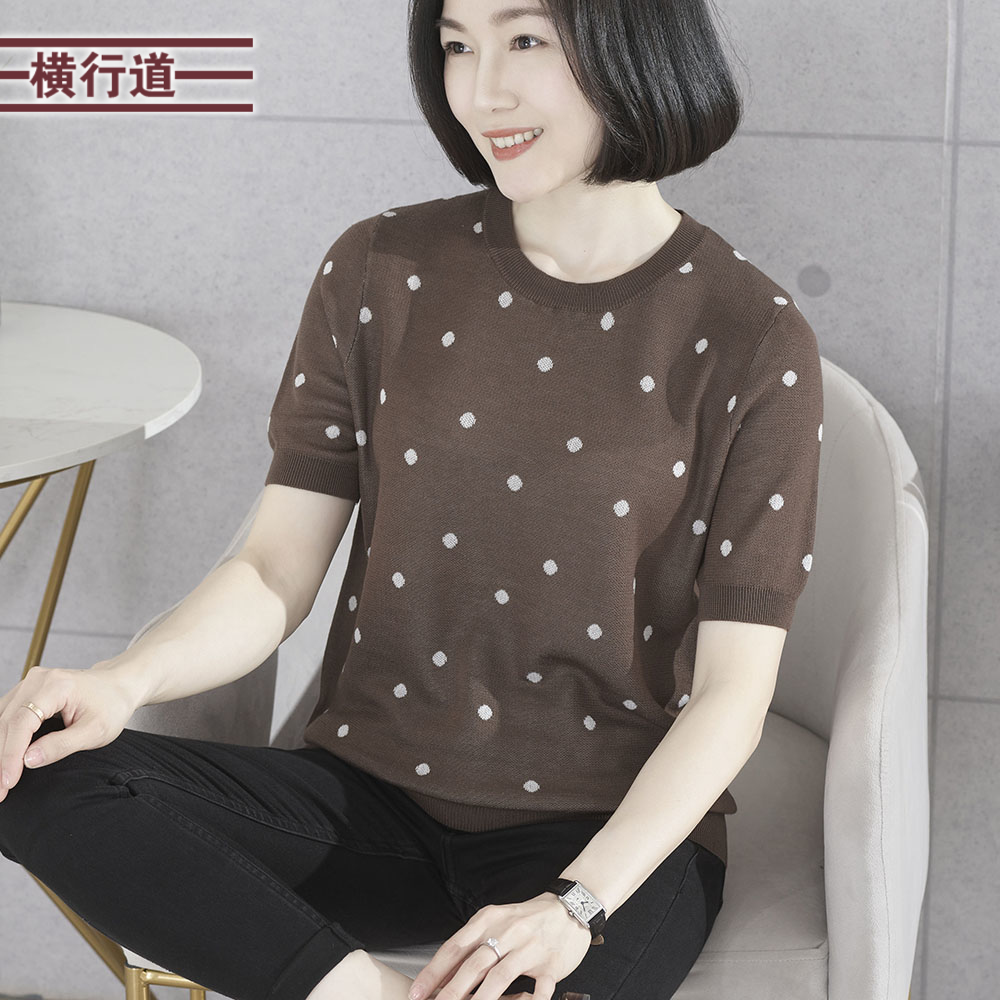 横行道简约圆领波点套头针织短袖