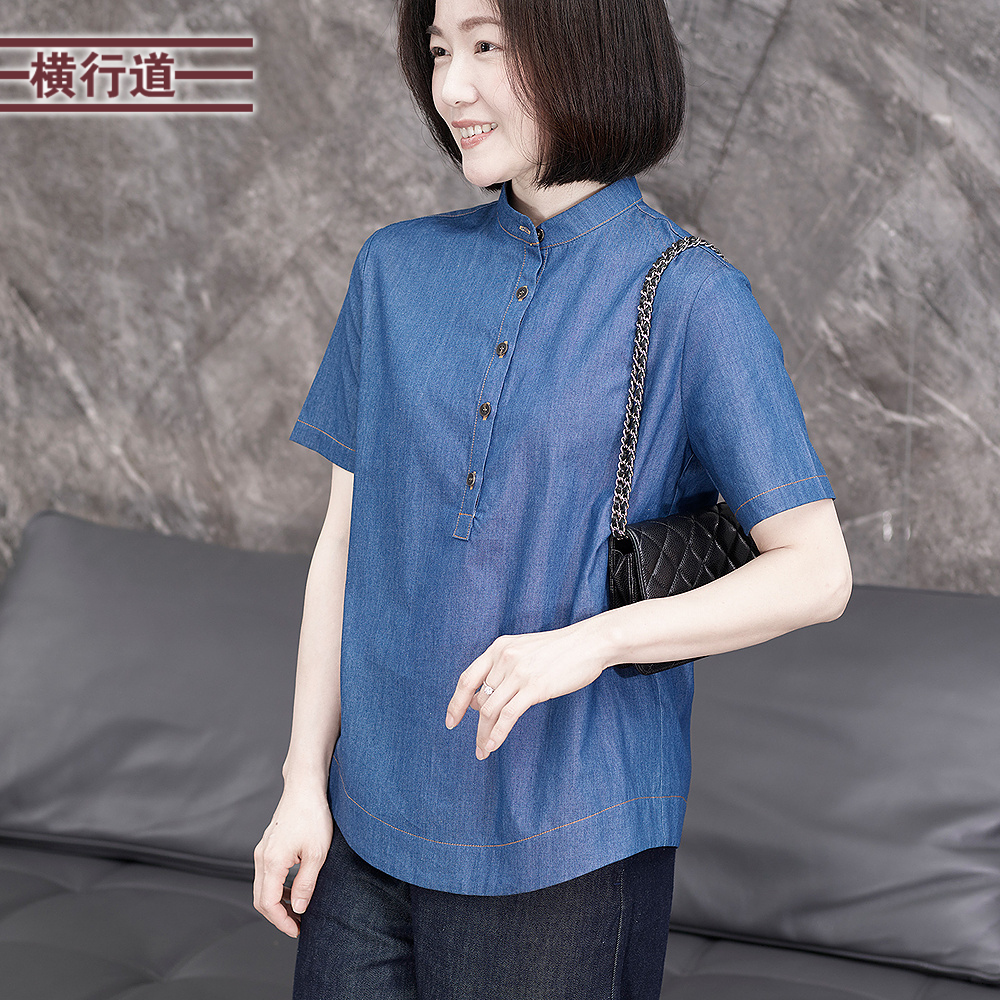 纯棉牛仔衬衫立领短袖上衣半开领复古蓝色衬衣小众女装夏季新款