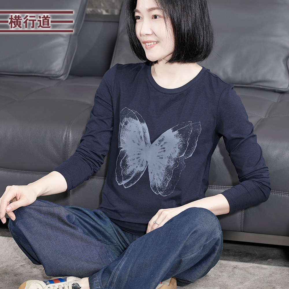 横行道圆领蝴蝶印花长袖T恤