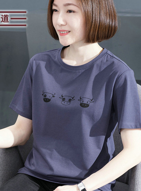 2025新款夏装圆领绿色印花短袖t恤女百搭上衣服大码体恤胖MM半袖