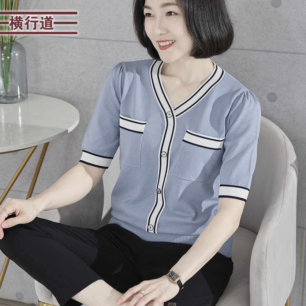 韩版V领撞色口袋宽松针织衫短袖2025夏季新款女装大码外穿上衣服