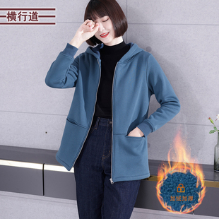 上衣 女口袋加厚外穿冬季 连帽拉链中长款 后幅绣花加绒外套2025新款