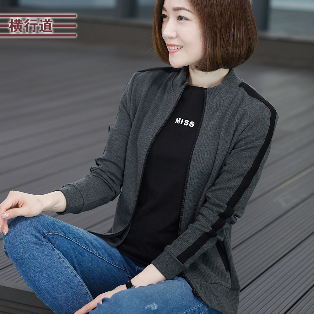 32021秋装新款半高领加绒黑色长袖休闲外套纯色拉链撞色上衣服纯棉