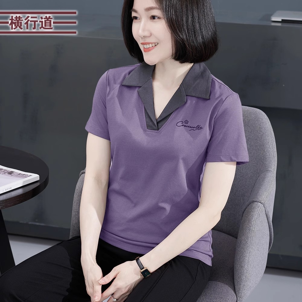 夏装百搭撞色翻领绣花短袖T恤
