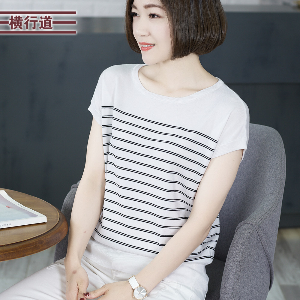 横行道圆领条纹短袖针织衫