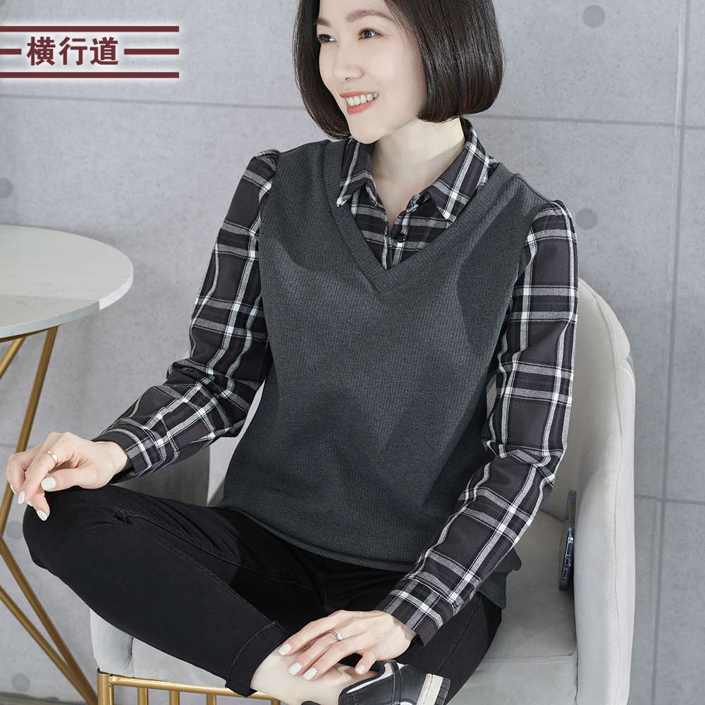横行道休闲拼接格子衬衫长袖
