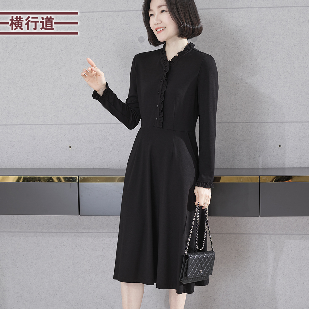 立领木耳边中长款长袖连衣裙2025春季新款韩版简约外穿大码上衣女