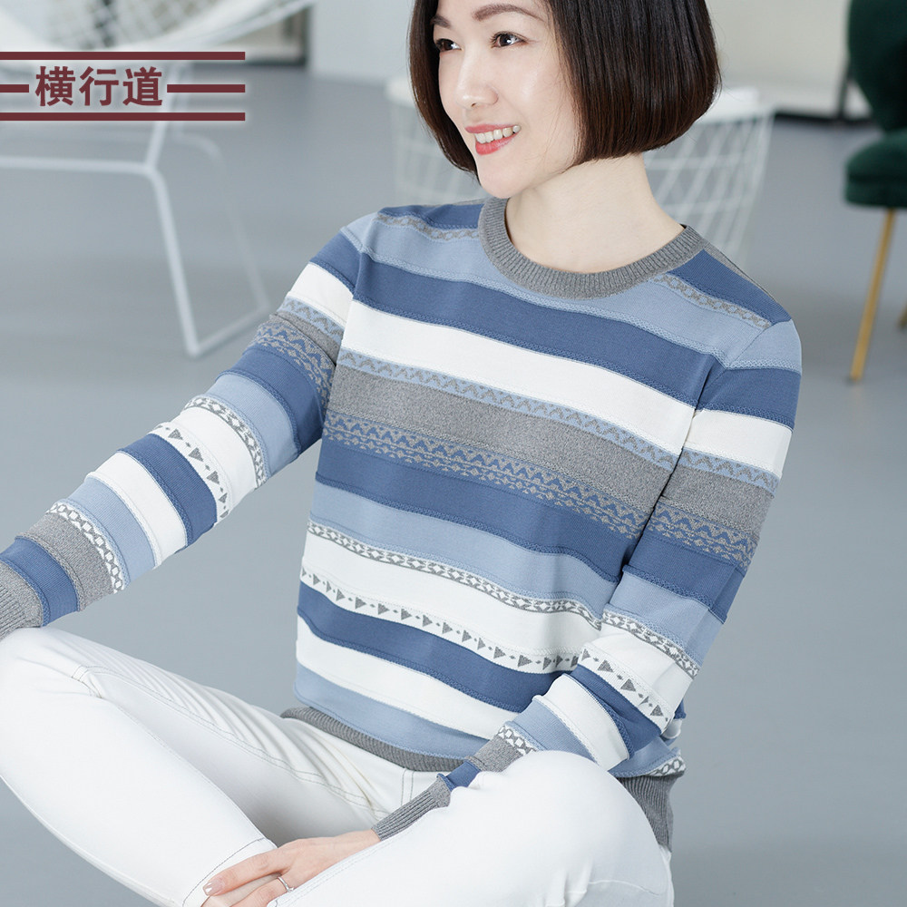 2024秋装新款圆领条纹休闲宽松长袖针织衫上衣服大码女装套头毛衣