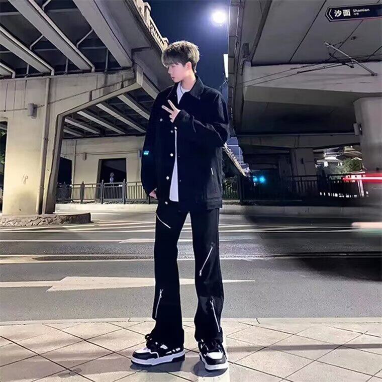 美式多拉链阔腿牛仔裤男女款黑色休闲潮牌微喇叭长裤