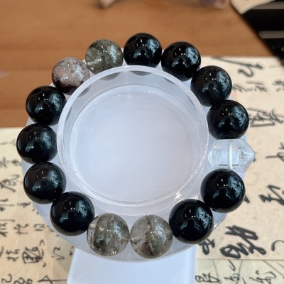 2025天然黑曜石14mm大颗粒珠子手链幽灵白水晶手串男朋友礼物正品