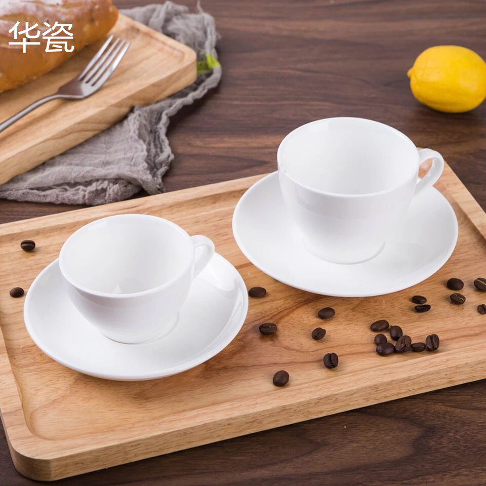 酒店陶瓷杯欧美式咖啡杯白色茶杯西餐厅咖啡杯有耳杏式杯小杯碟勺