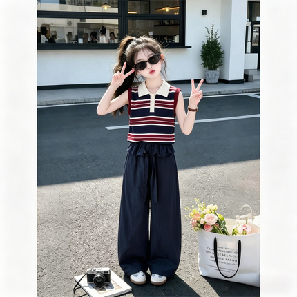 女童夏装套装2026新款巨好看儿童衣服夏季条纹小女孩独特漂亮套装