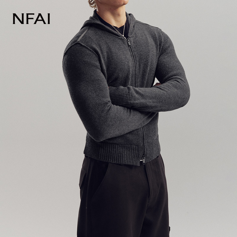 NFAI 拼皮拉链帽衫 细腻羊毛 l  合身版型 l 小羊皮拼接