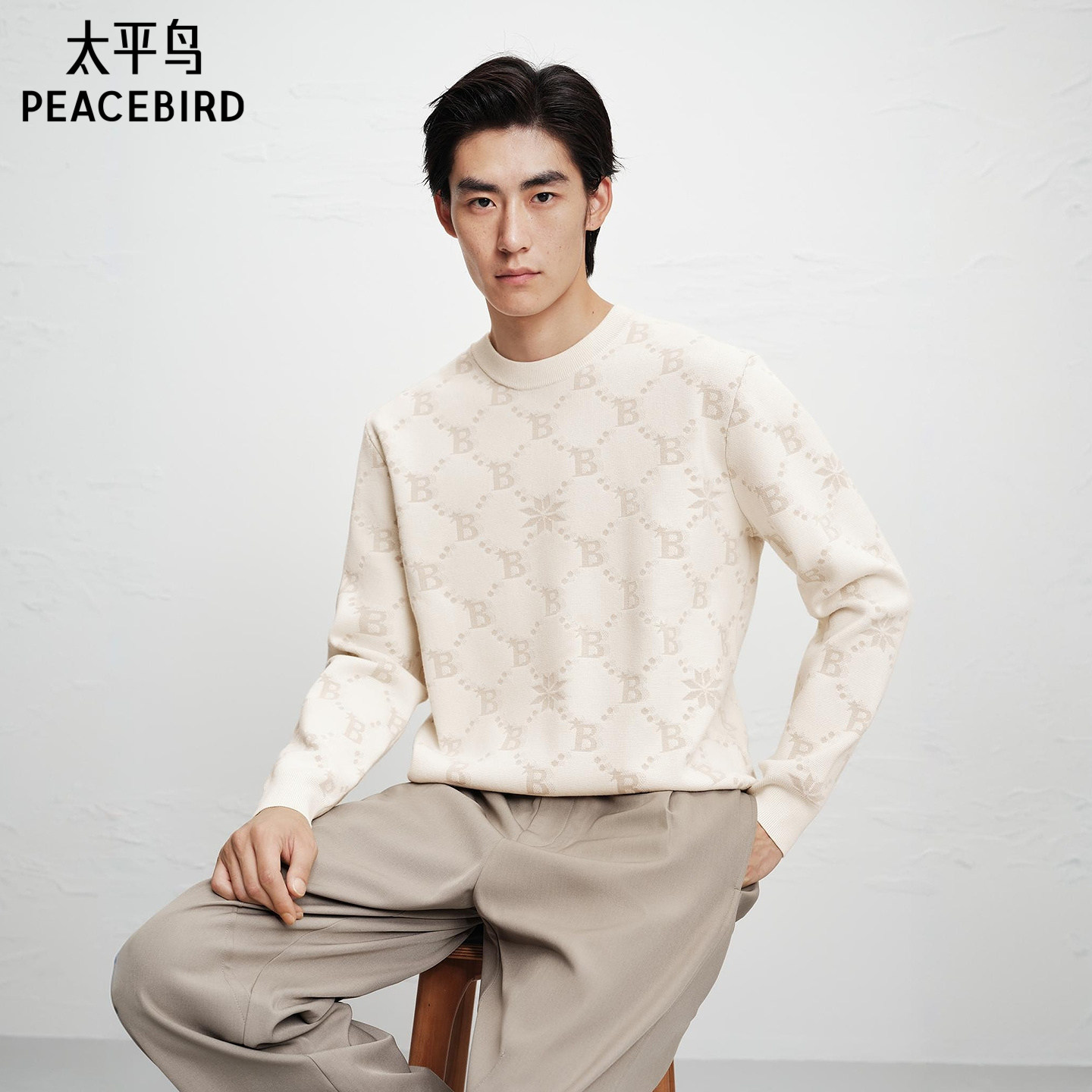 太平鸟男装毛衣冬季满版字母老花针织衫潮圆领宽松套头休闲毛衫