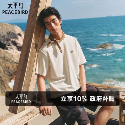 太平鸟男装小熊刺绣情侣体恤衫纯色时尚短袖T恤夏新款重磅半袖潮