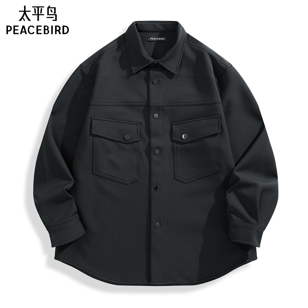 太平鸟男装 黑色长袖衬衫秋季美式休闲潮流工装口袋宽松衬衣男