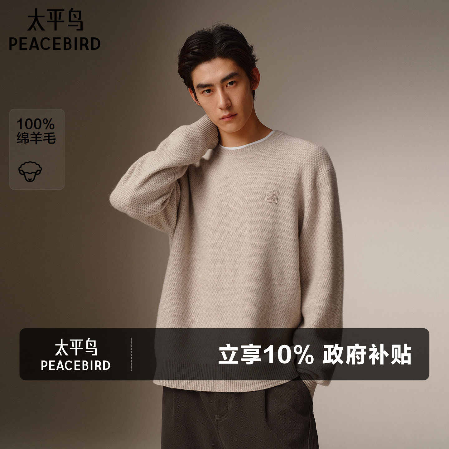 太平鸟男装 休闲毛衫冬季立体皮标时尚毛衣高品质羊毛衫男士毛衣