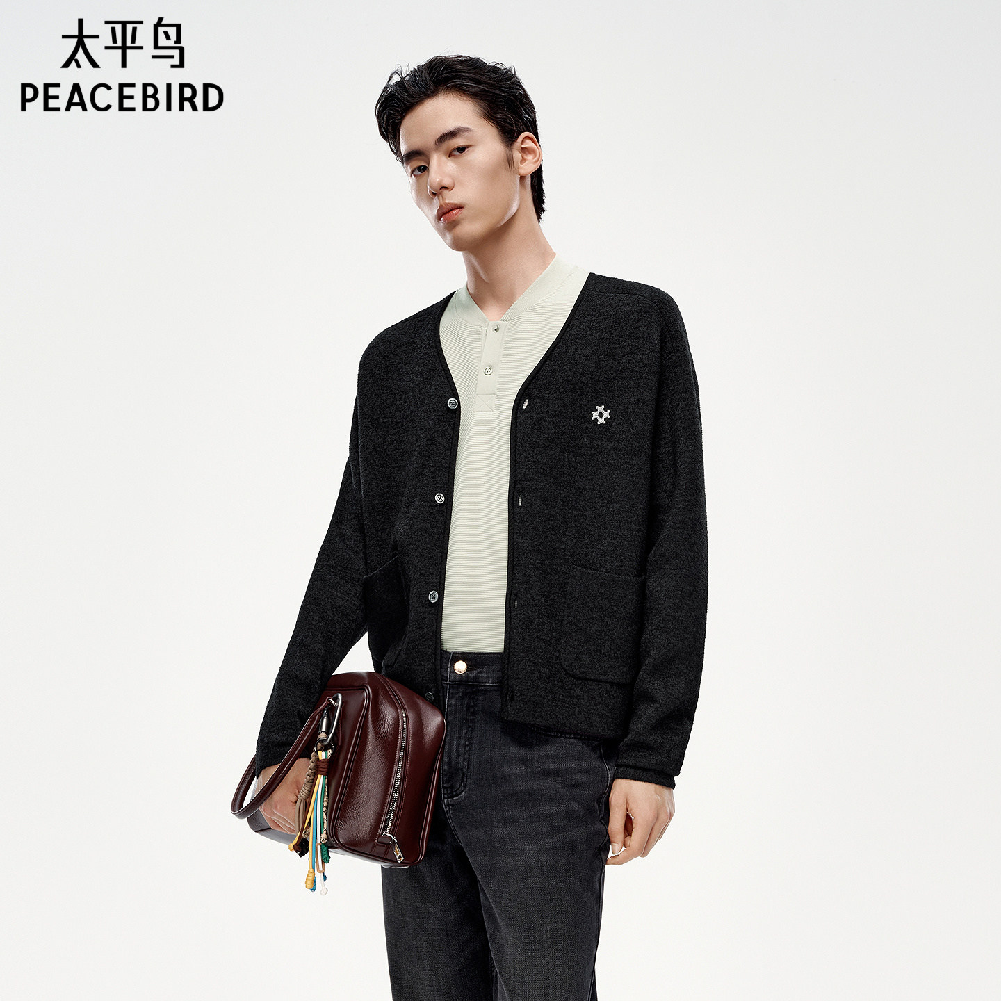 太平鸟男装 休闲毛衣宽松纯色开衫休闲毛衫金属缝标开衫质感外套