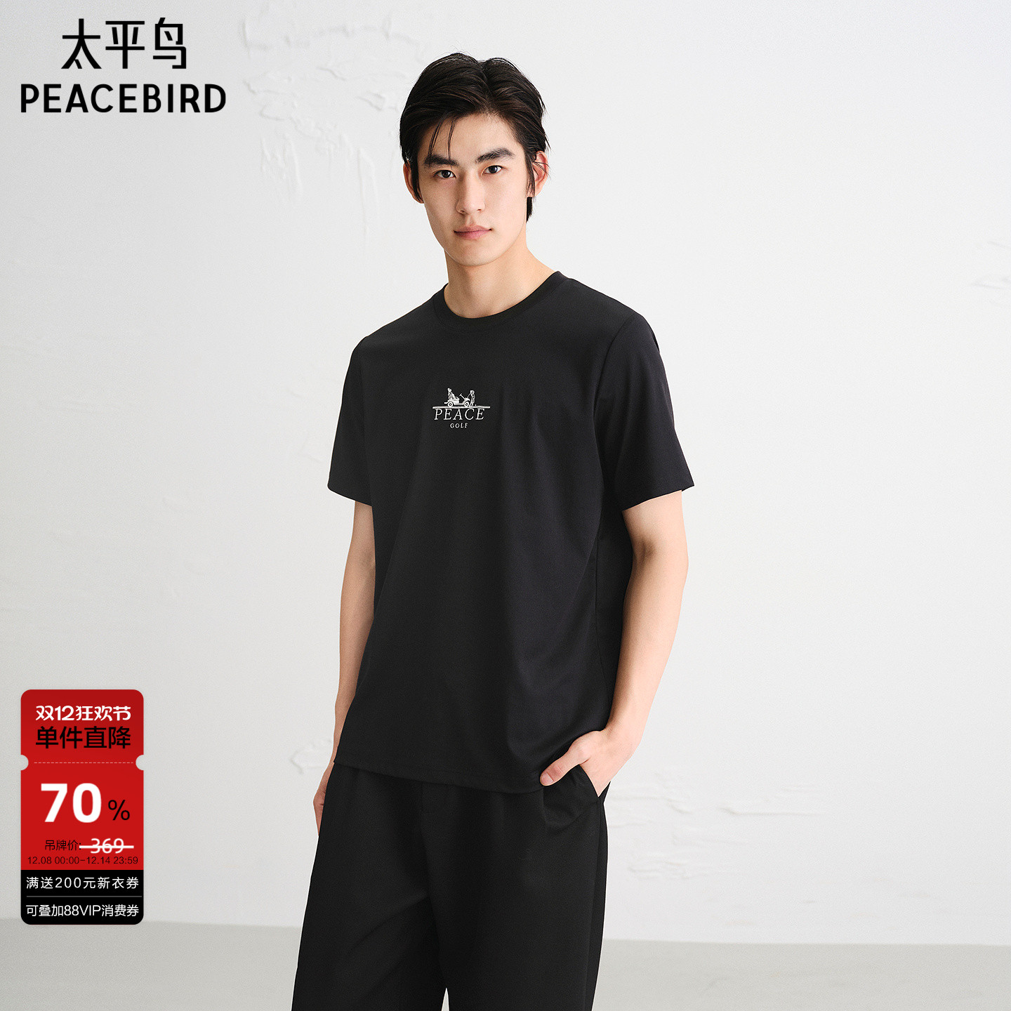 太平鸟男装T恤夏双面布凉感短袖潮男字母刺绣休闲百搭短袖上衣