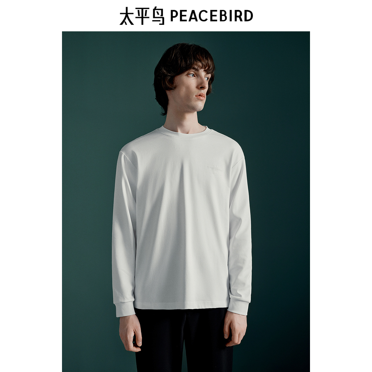 太平鸟男装T恤暗纹柔软重磅净色长袖纯色质感圆领百搭印花打底