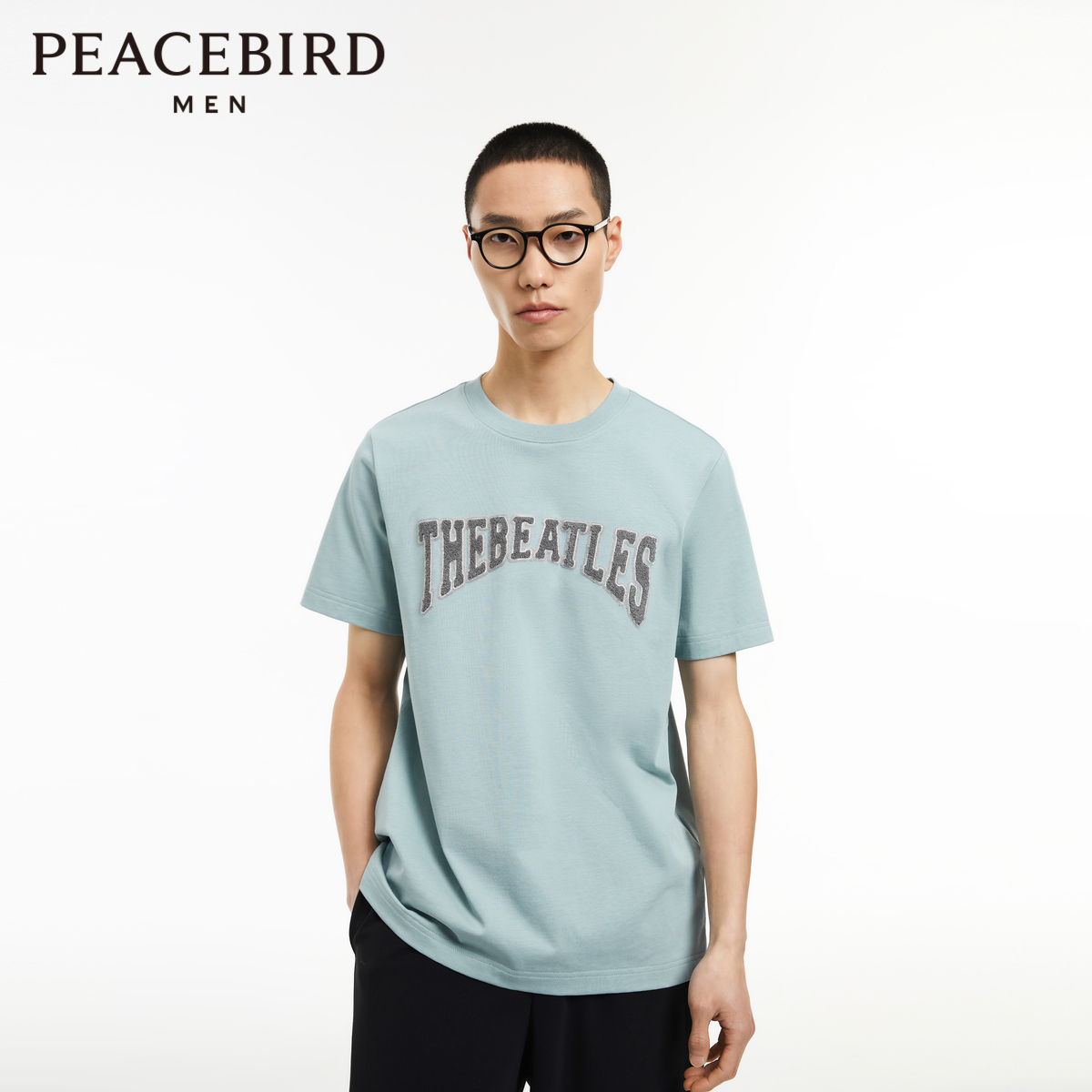 【音乐青年】太平鸟男装 字母刺绣宽松蓝色短袖T恤男潮B1CND3102