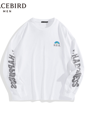 【商场同款】太平鸟男装 潮流白色印花长袖T恤宽松长袖 B2DCD1326