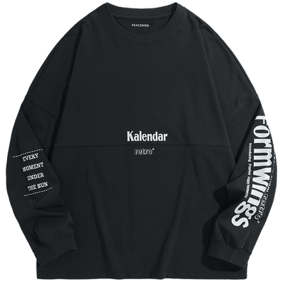 太平鸟男装撞色印花长袖T恤秋季拼接潮流宽松体恤衫青年