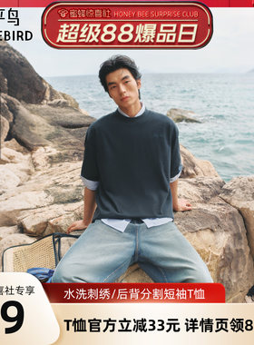 【超级88爆品日】太平鸟男装水洗刺绣/后背分割夏季新品短袖T恤