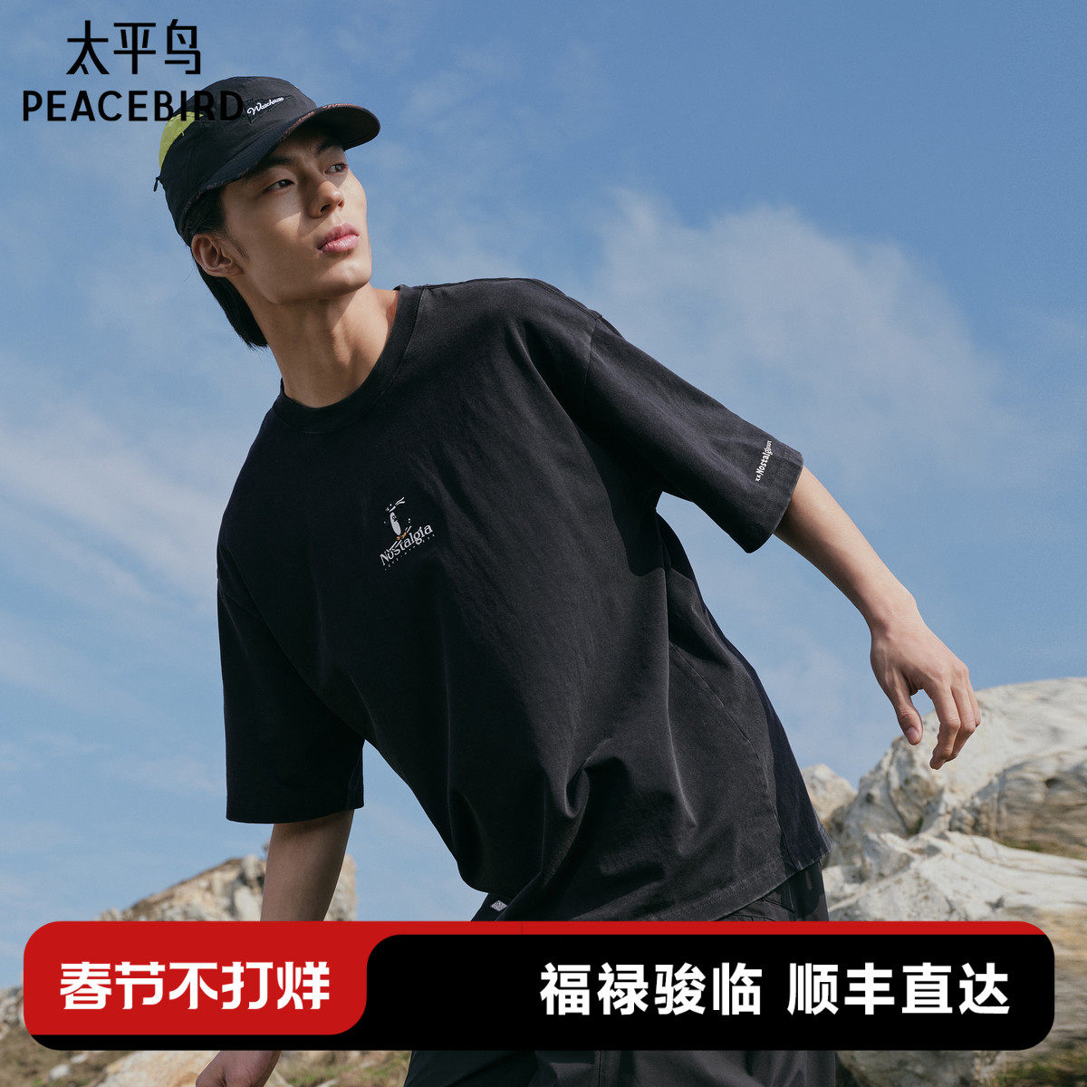 【重磅】太平鸟男装水洗做旧短袖T恤2025春新款情侣立体刺绣体恤