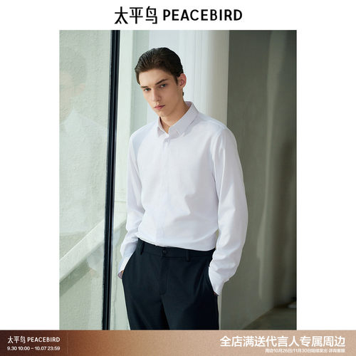 太平鸟男装长袖翻领衬衫秋季修身刺绣商务时尚打底衬衣