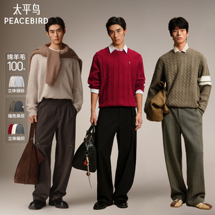 太平鸟男装 绵羊毛针织衫男撞色条纹绞花圆领套头宽松春季毛衫