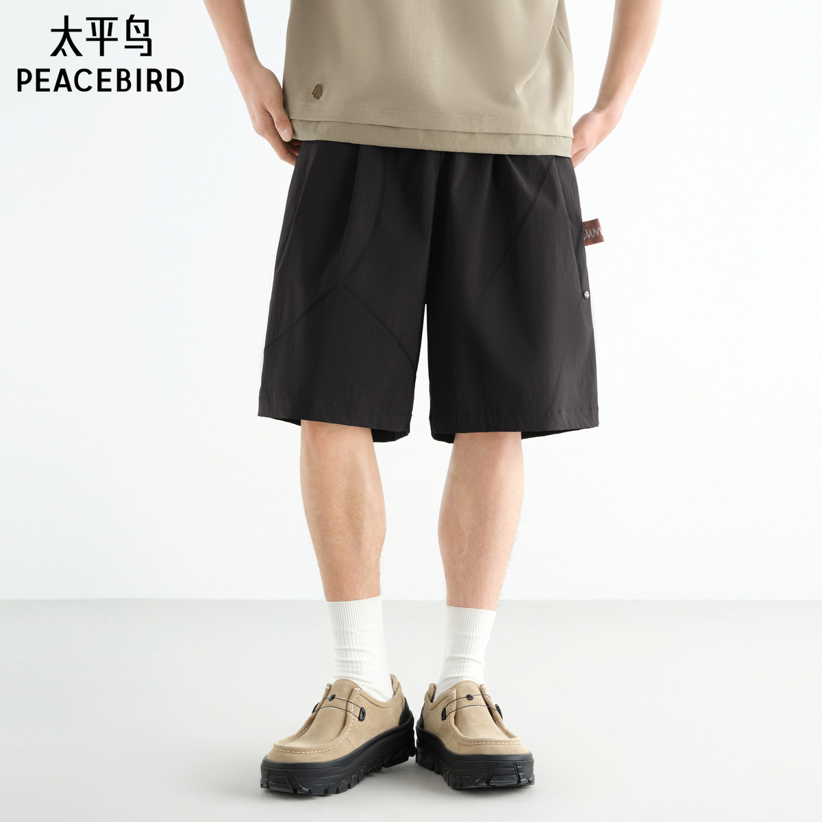 太平鸟男装休闲裤25夏新款潮牌直筒户外五分裤潮牌缝标撞色中裤