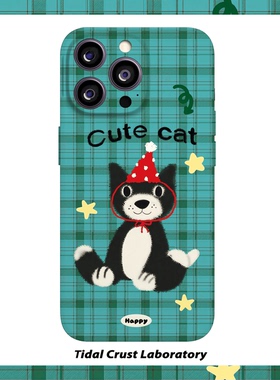 绿色格纹可爱黑色猫咪菲林二合一手机壳适用苹果17nova14华为p70mate60小米15opporen14ovivo荣耀300iPhone16