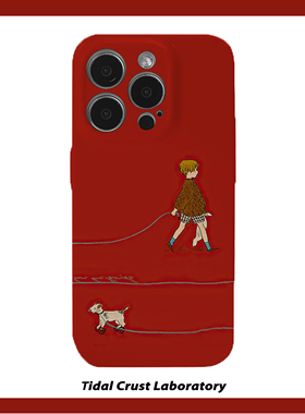 红色少女遛狗可爱油画菲林二合一手机壳适用苹果17nova14华为p70mate60小米15opporen14ovivo荣耀300iPhone16