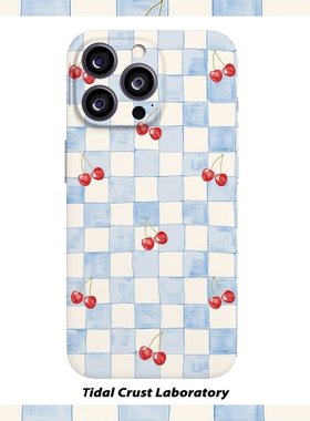 复古蓝白格子上的樱桃菲林二合一手机壳适用苹果17nova14华为p70mate60小米15opporen14ovivo荣耀300iPhone16