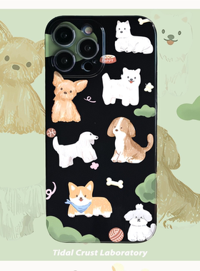 黑色亮面卡通手绘插画网红狗狗手机壳适用苹果17nova14华为p70/mate70小米15reno14vivo30荣耀300iPhone15