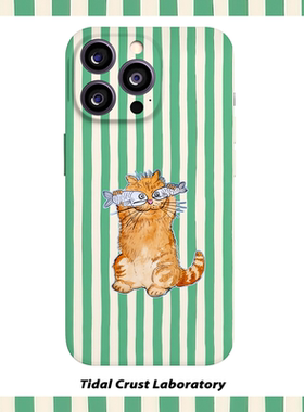绿色条纹可爱猫咪吃鱼菲林二合一手机壳适用苹果17nova14华为p70mate60小米15opporen14ovivo荣耀300iPhone16