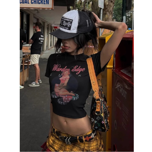 美式ins街头黑色正肩短袖T恤女潮