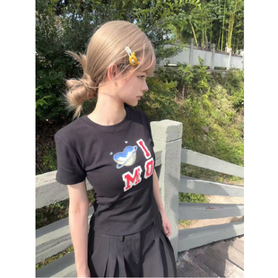 T恤女夏季 修身 ins超火黑色纯棉短袖 新款 上衣 显瘦美式 正肩小众短款