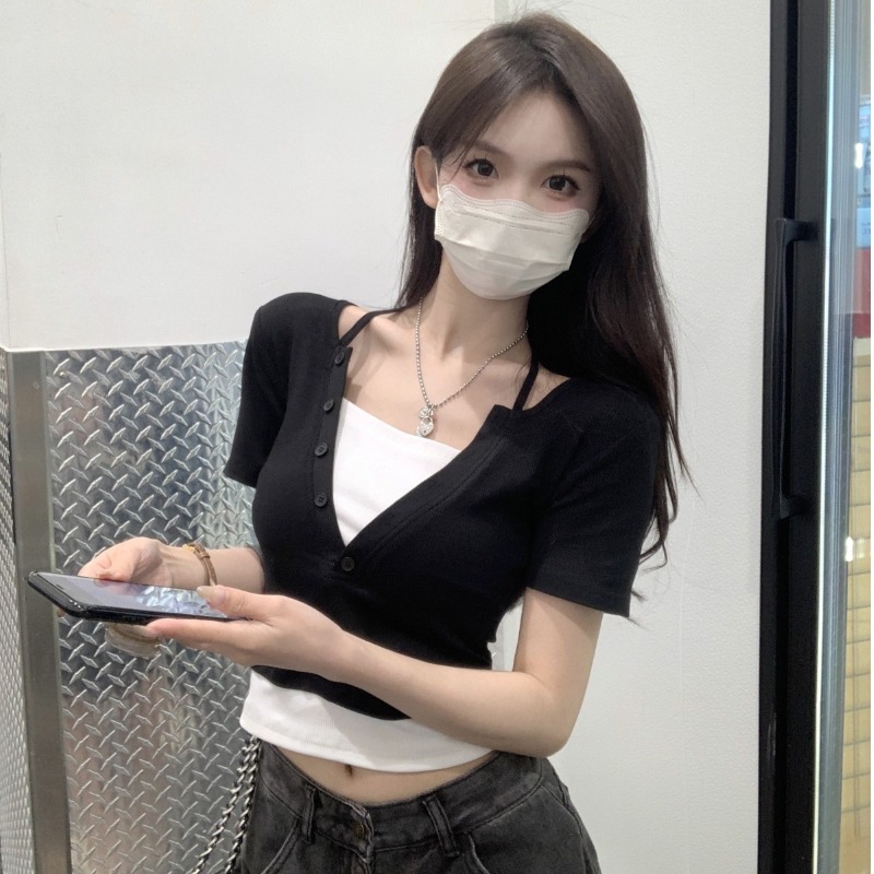辣妹挂脖假两件短袖t恤女夏季潮