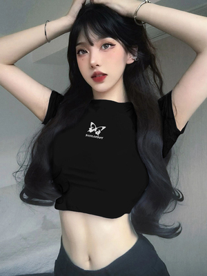 辣妹短款T恤女夏季纯棉黑色短袖