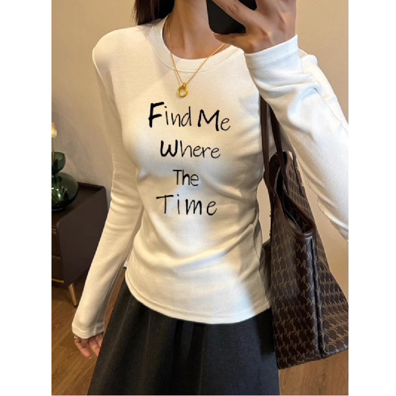 设计感小众字母印花长袖T恤女秋季白色内搭正肩修身打底衫上衣潮,女装/女士精品,大码内搭,淘宝优惠券,粉丝福利购,淘宝优惠卷