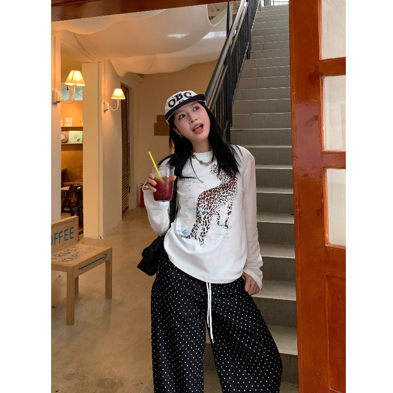 美式复古豹子印花正肩长袖T恤女