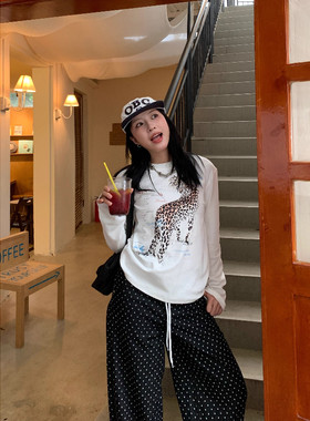 美式复古豹子印花正肩长袖T恤女
