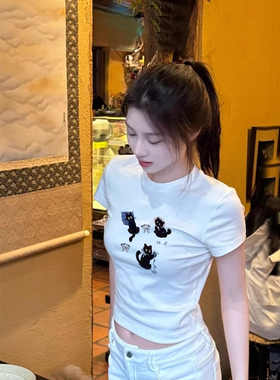 可爱小猫咪印花正肩短袖T恤女夏季白色甜酷辣妹修身短款露脐上衣