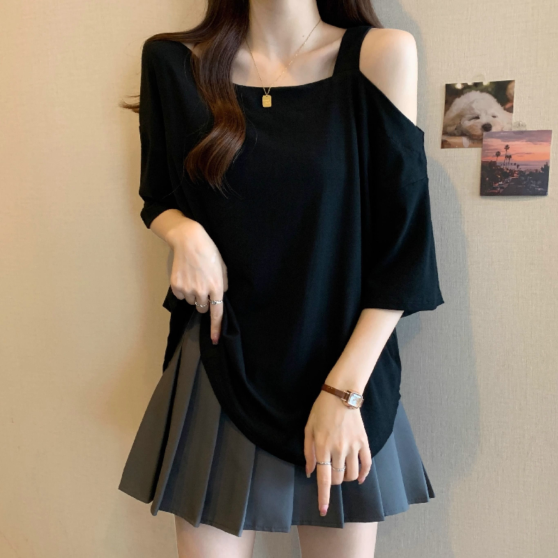 设计感不规则露肩短袖t恤女夏季