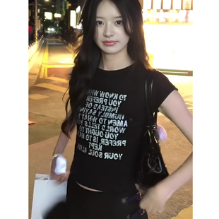 显瘦纯棉上衣潮 韩系复古黑色字母印花正肩短袖 T恤女夏季 短款 修身