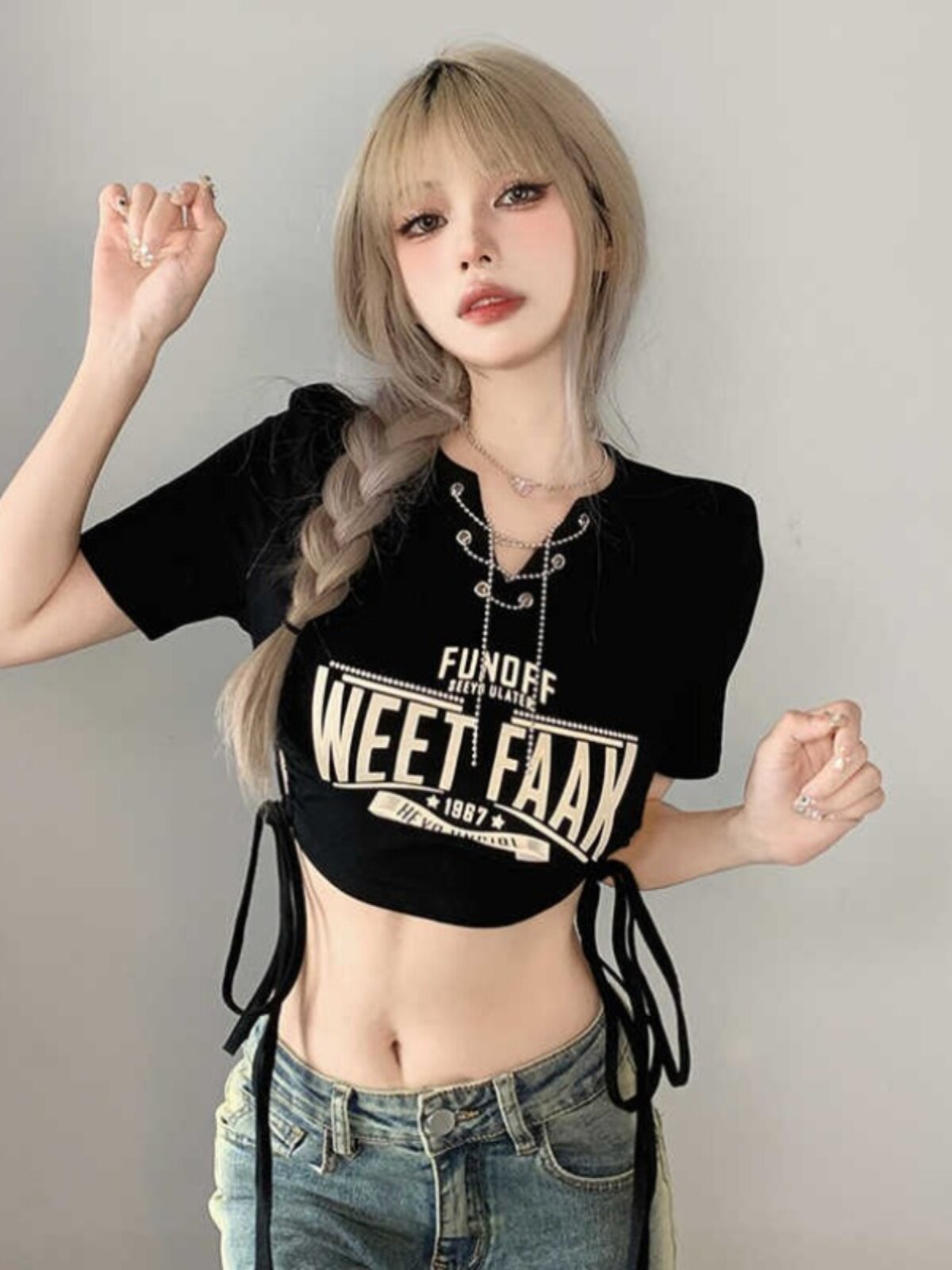 AMERICAN SHORT SLEEVE PRINTED T-SHIRT WOMENS SUMMER DESIGN SENSE CHAIN V-NECK BABES DRAWSTRING CARDED WAIST CROPPED CROP TOP TIDE