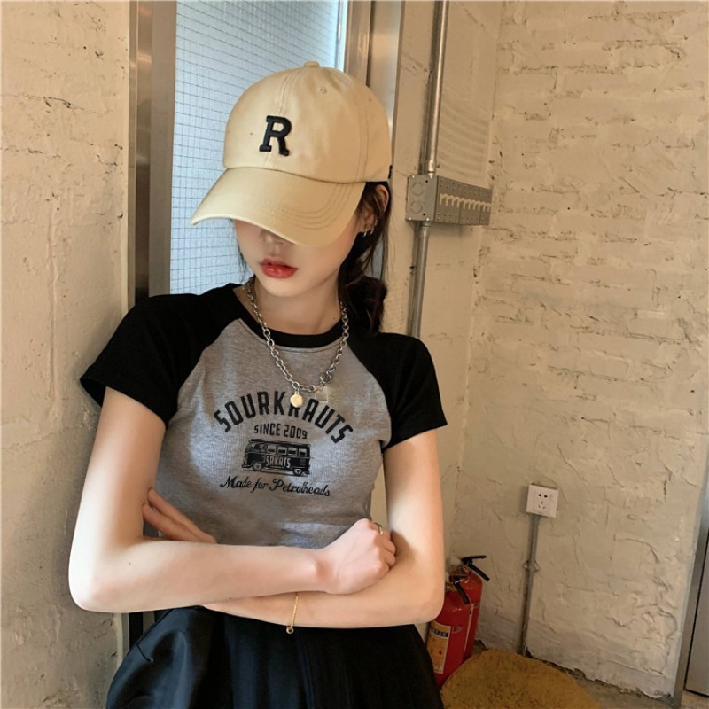 美式复古印花撞色短袖T恤女短款