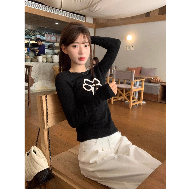 美式复古花朵印花正肩长袖T恤女